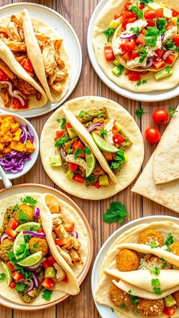 Delicious Pita Bread Dinner Ideas An assortment of pita bread dishes including stuffed chicken, pita pizzas, and falafel wraps on a rustic table.